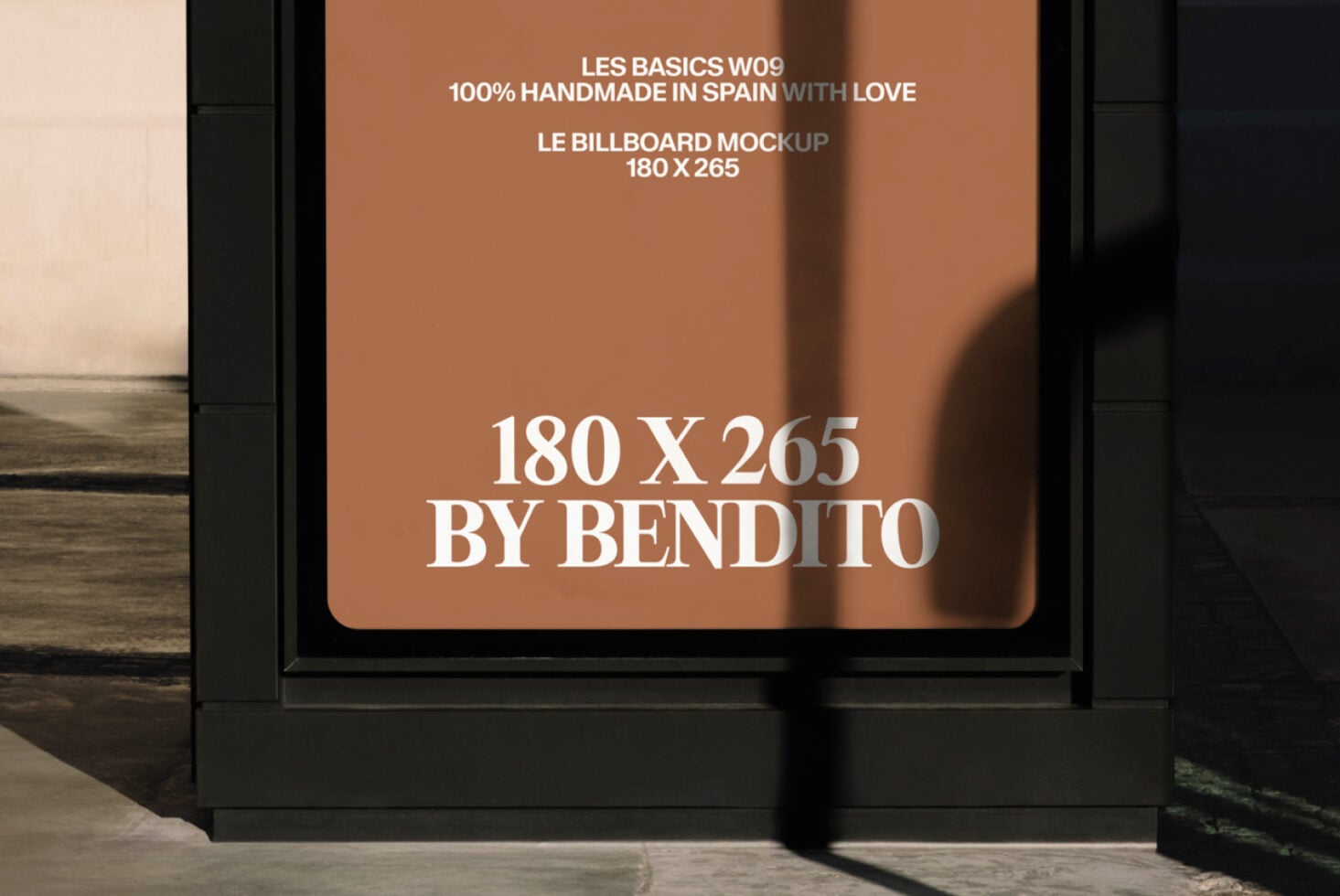 Close-up street shelter billboard 180x265 tan background with white text, shadow details