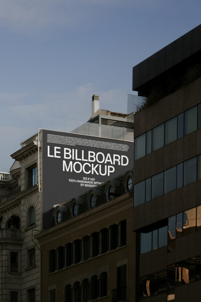 Exterior building billboard mockup 155x140 with white text on dark background