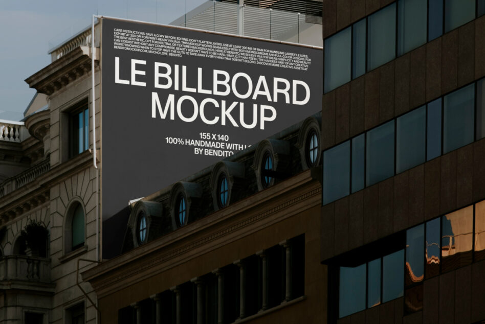 Dark billboard mockup on building facade showing Le Billboard Mockup text layout
