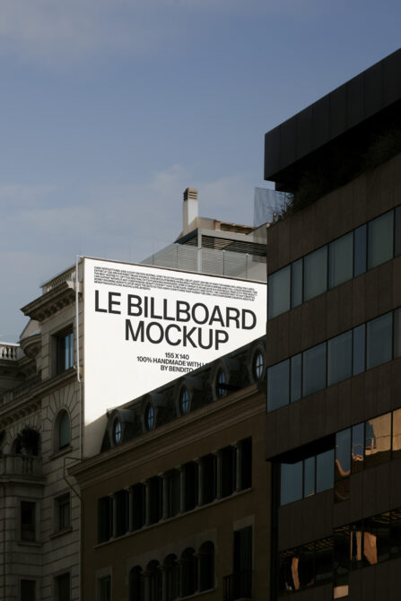 Exterior building billboard mockup 155x140 with white text on light background