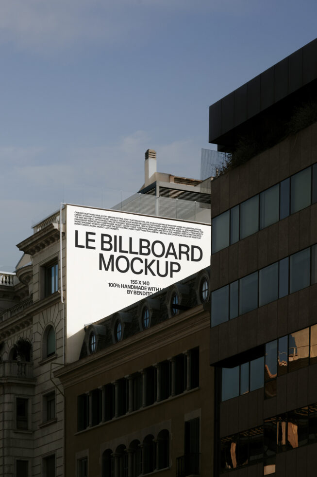Exterior building billboard mockup 155x140 with white text on light background