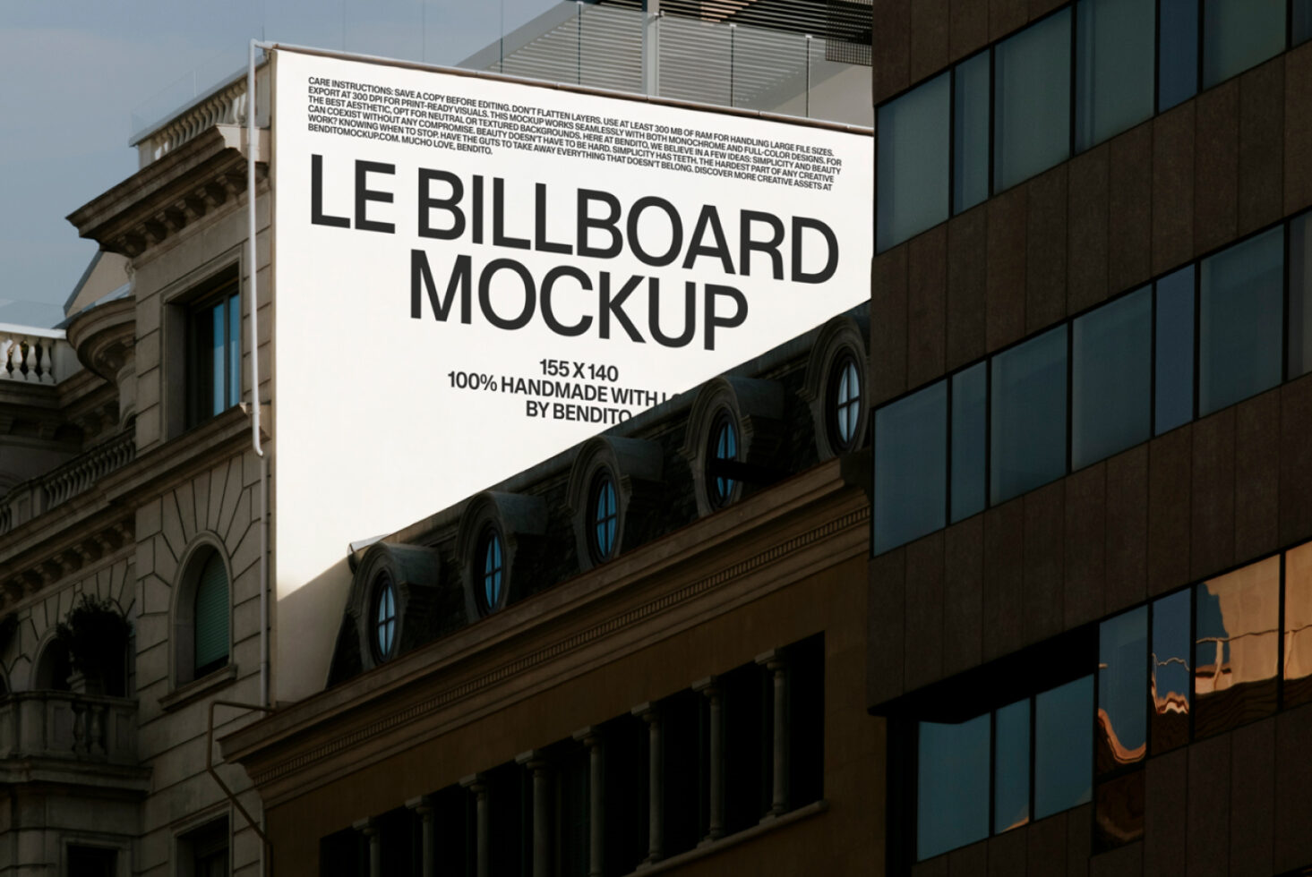 Light billboard mockup on building facade showing Le Billboard Mockup text layout