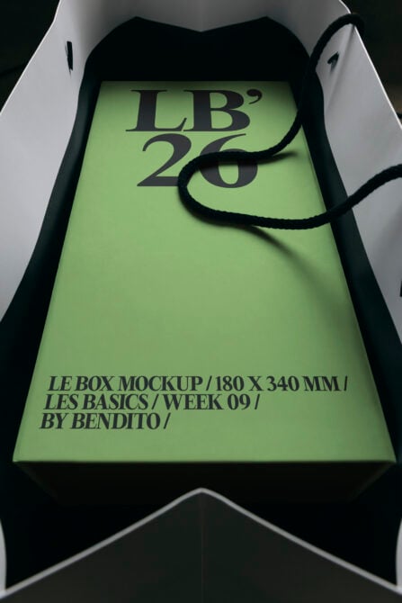 Box mockup with lime green surface displaying elegant serif typography