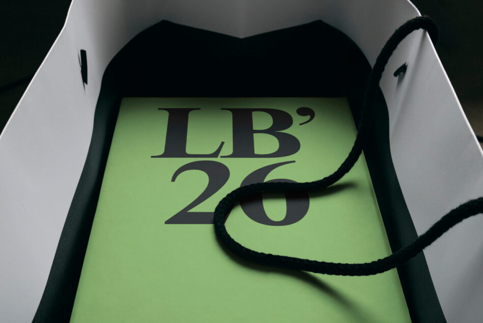 Shopping bag mockup with lime green label showing LB'25 text in black serif font