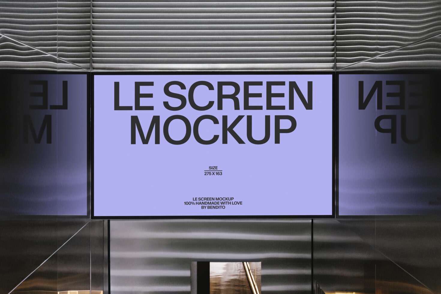 Lavender screen display in urban storefront window with metal frame