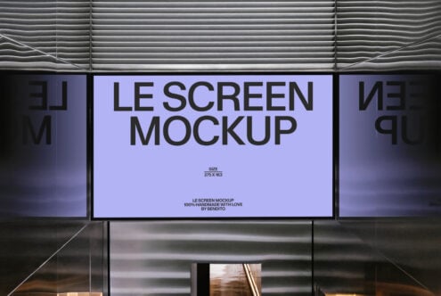 Periwinkle billboard screen in modern shopping mall architectural space