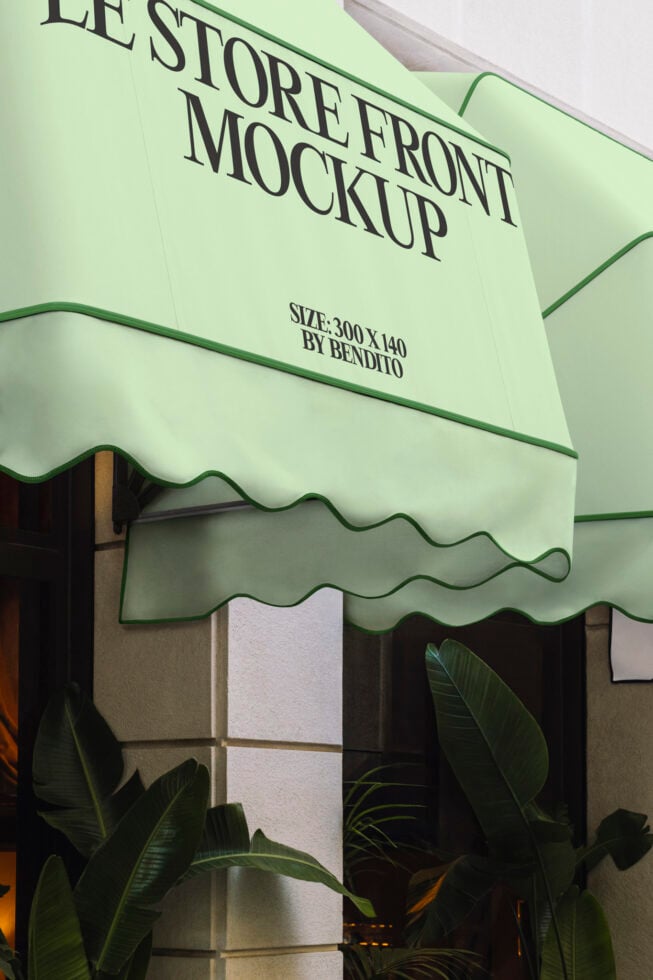 Lime green storefront awning mockup with tropical plants below