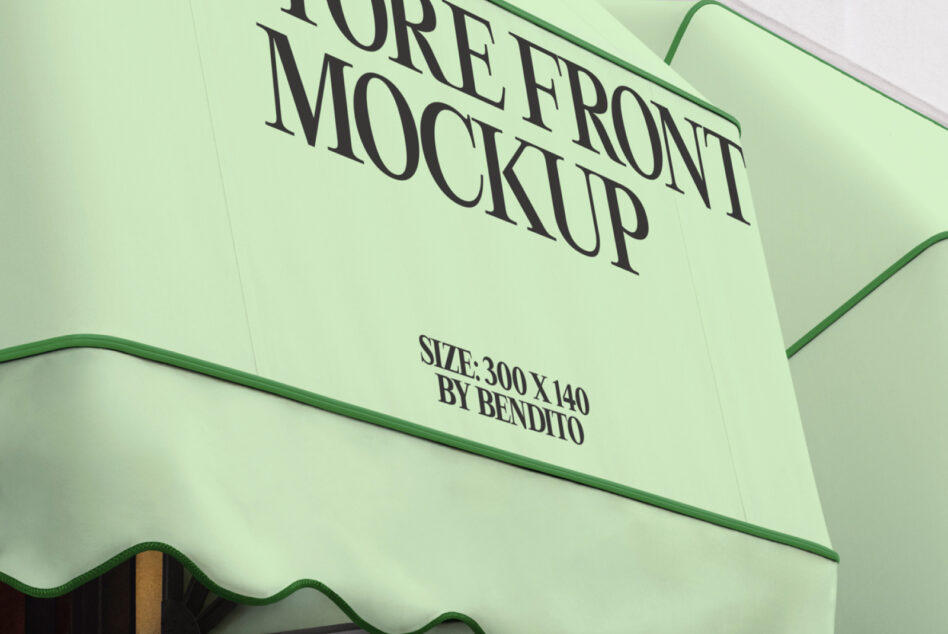 Soft green wavy shop awning with serif text above storefront display