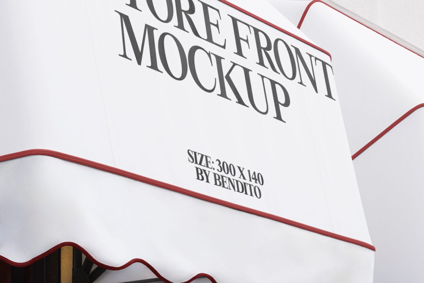 Store front mockup with red trim showing serif typography on white banner