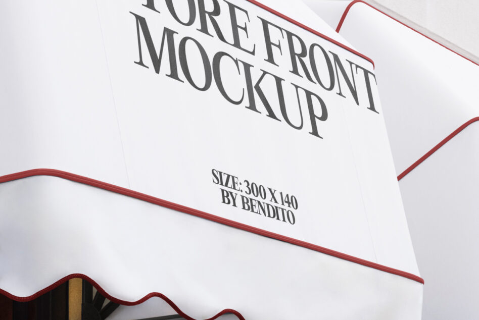 Store front mockup with red trim showing serif typography on white banner