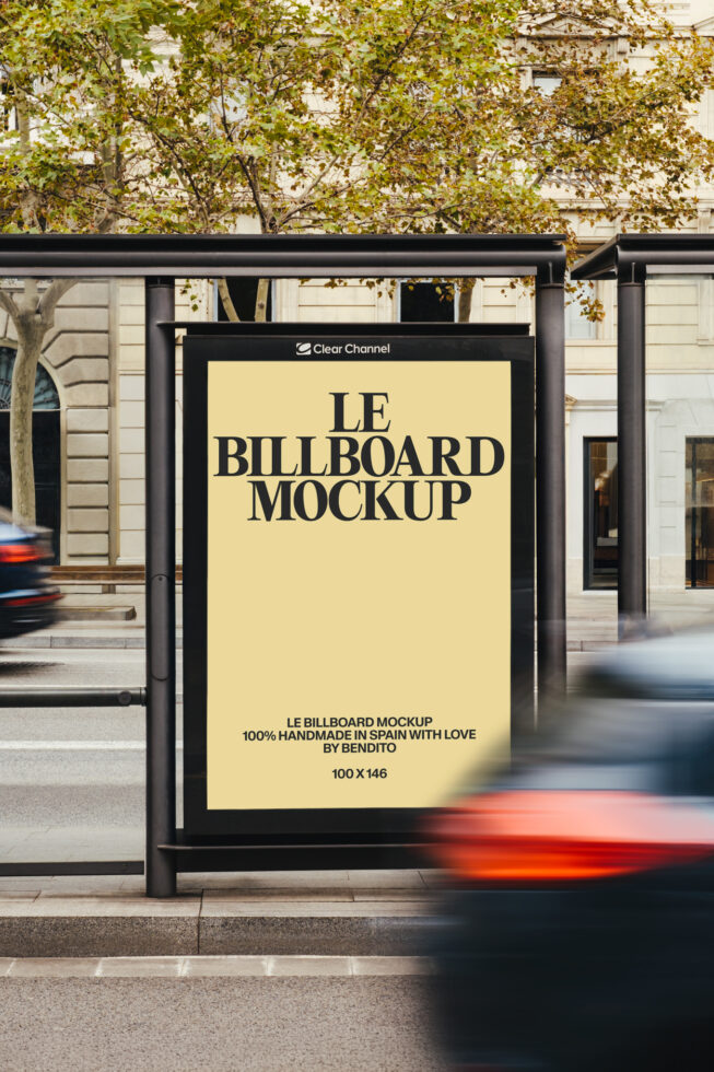 Street bus shelter billboard with yellow background in urban setting