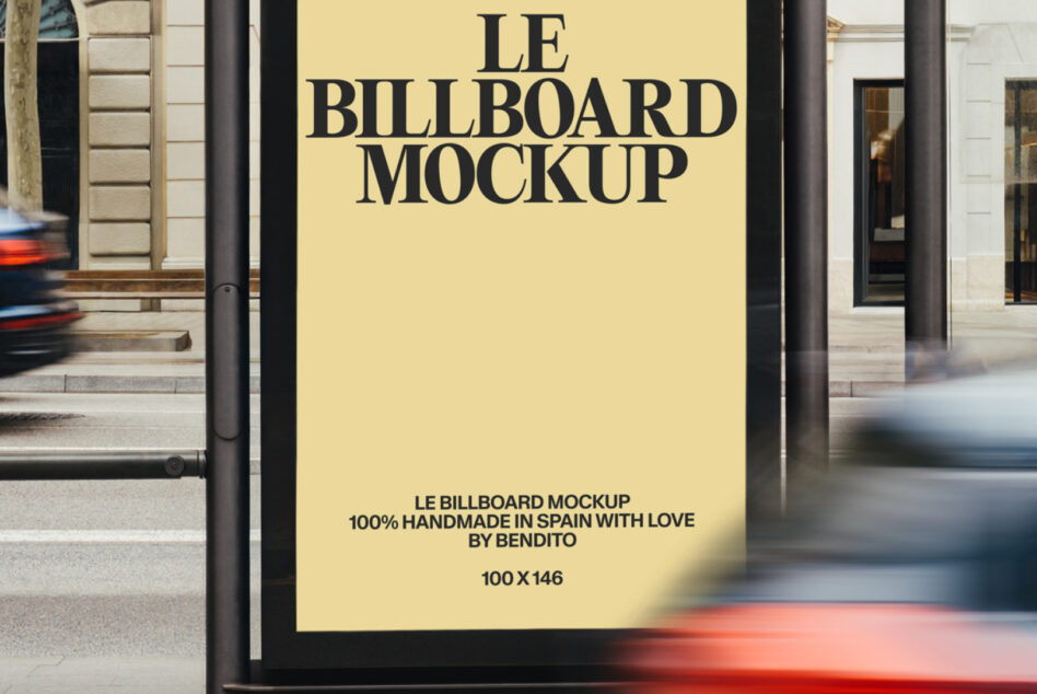 Close up of yellow billboard display on street shelter with traffic blur