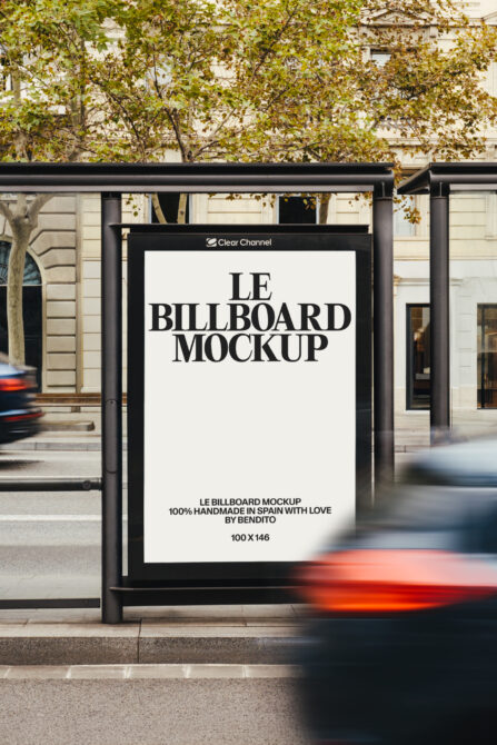 Street bus shelter billboard with white background in city location