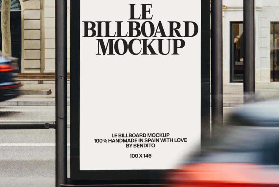 Close up of white billboard display on street shelter with moving vehicles