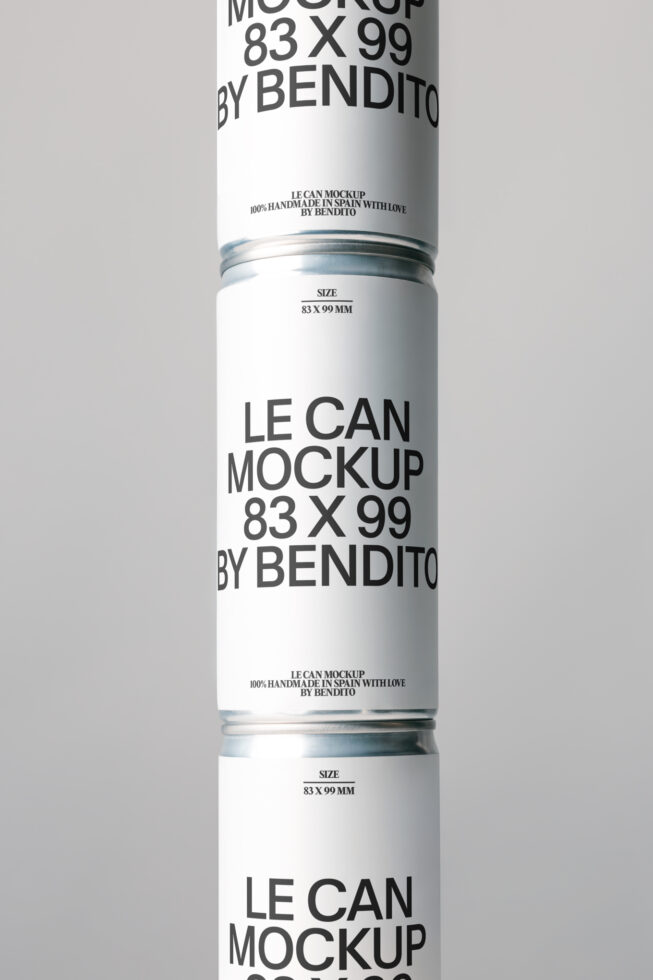 White cylindrical can mockup stacked displaying label wrap design on neutral background
