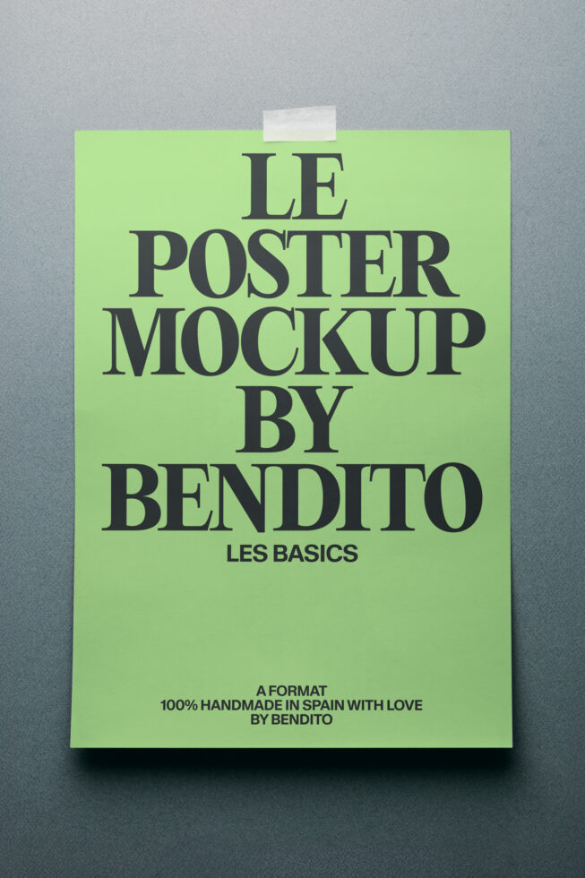 Neon green poster mockup with bold serif typography, tape hanging on gray wall
