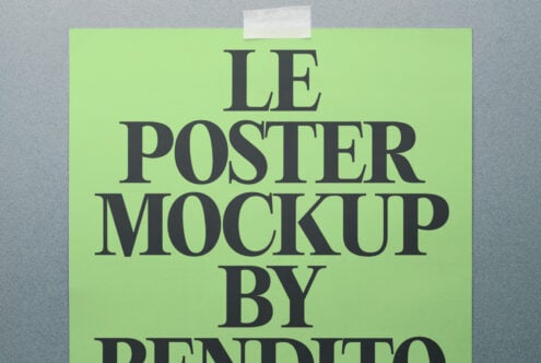 Lime green poster mockup with oversized serif lettering, tape hanger visible top