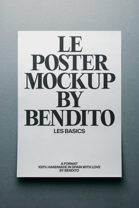 Clean white poster mockup with dark serif text, minimalist gray background
