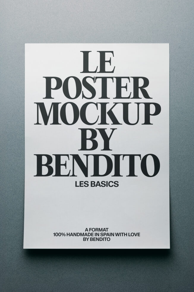 Clean white poster mockup with dark serif text, minimalist gray background