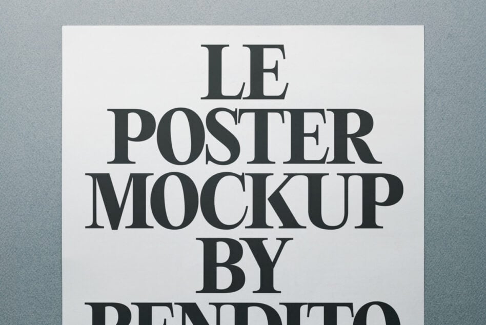 Minimal white poster with large serif typography, neutral gray backdrop
