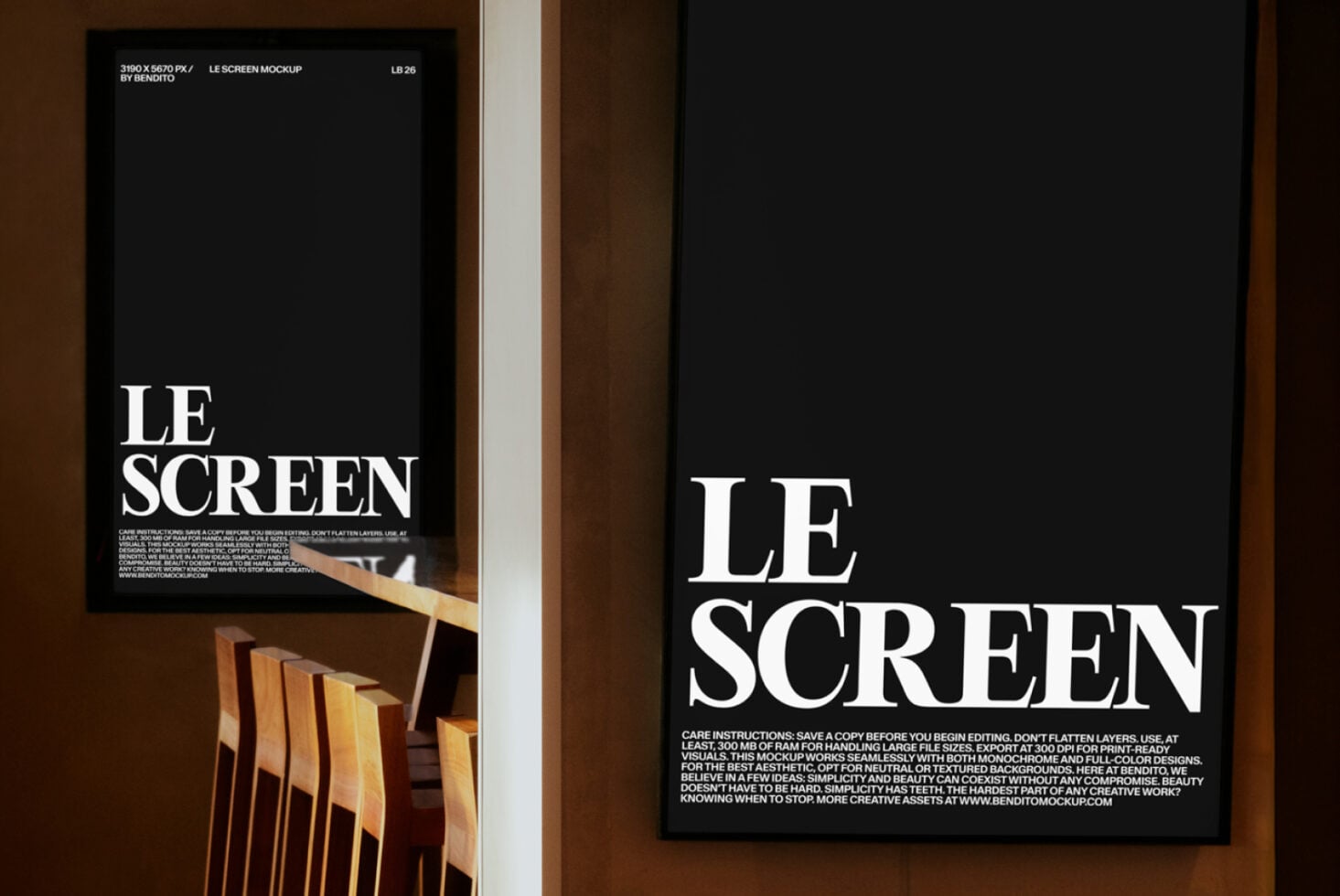 Dark monitor display with LE SCREEN text, wooden desk setup with warm lighting