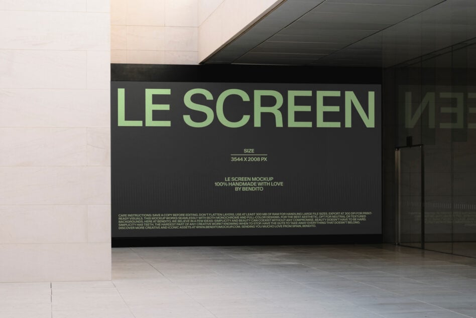 Dark billboard mockup in concrete corridor with green LE SCREEN lettering