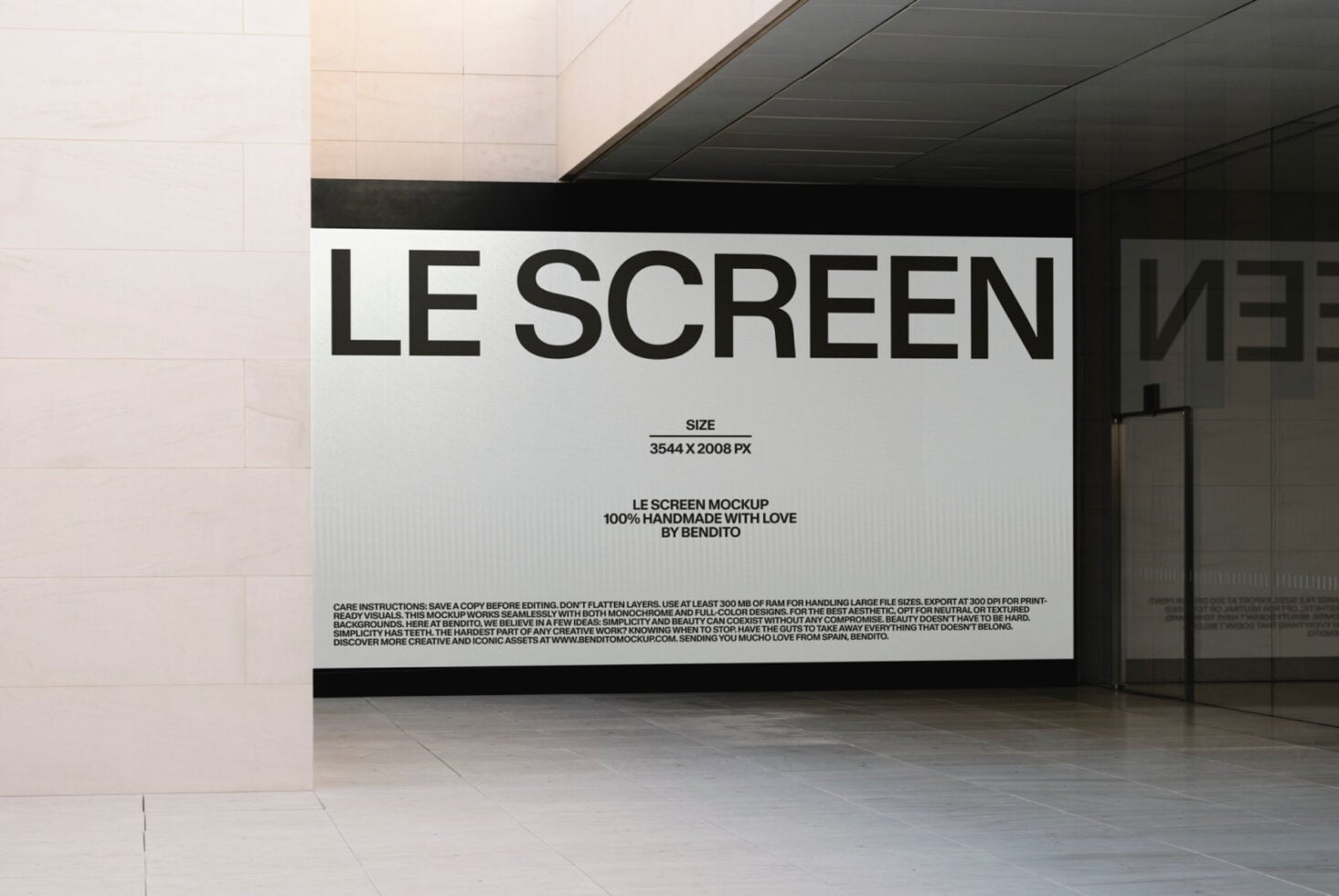 White screen mockup in minimal hallway displaying LE SCREEN typography