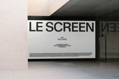White screen mockup in minimal hallway displaying LE SCREEN typography
