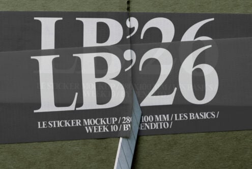 Dark gray sticker mockup with large LB'26 lettering split down center fold
