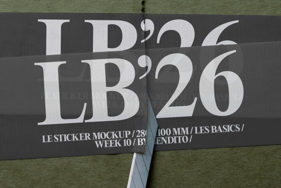 Dark gray sticker mockup with large LB'26 lettering split down center fold