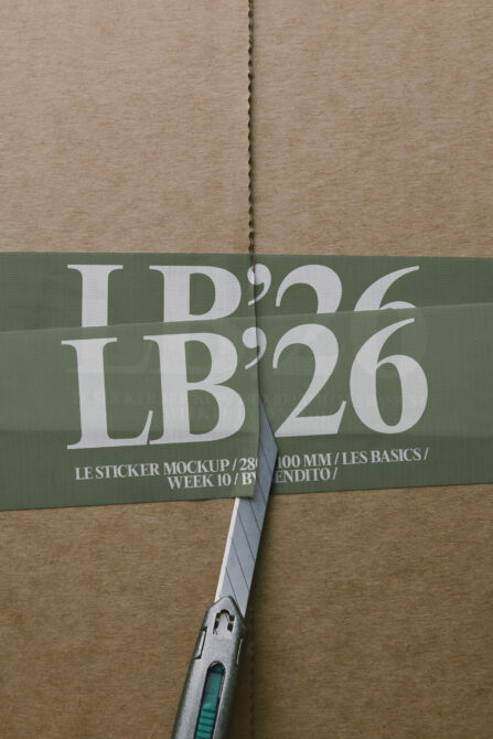 Sticker mockup displaying LB'26 design on kraft paper with green stripe section