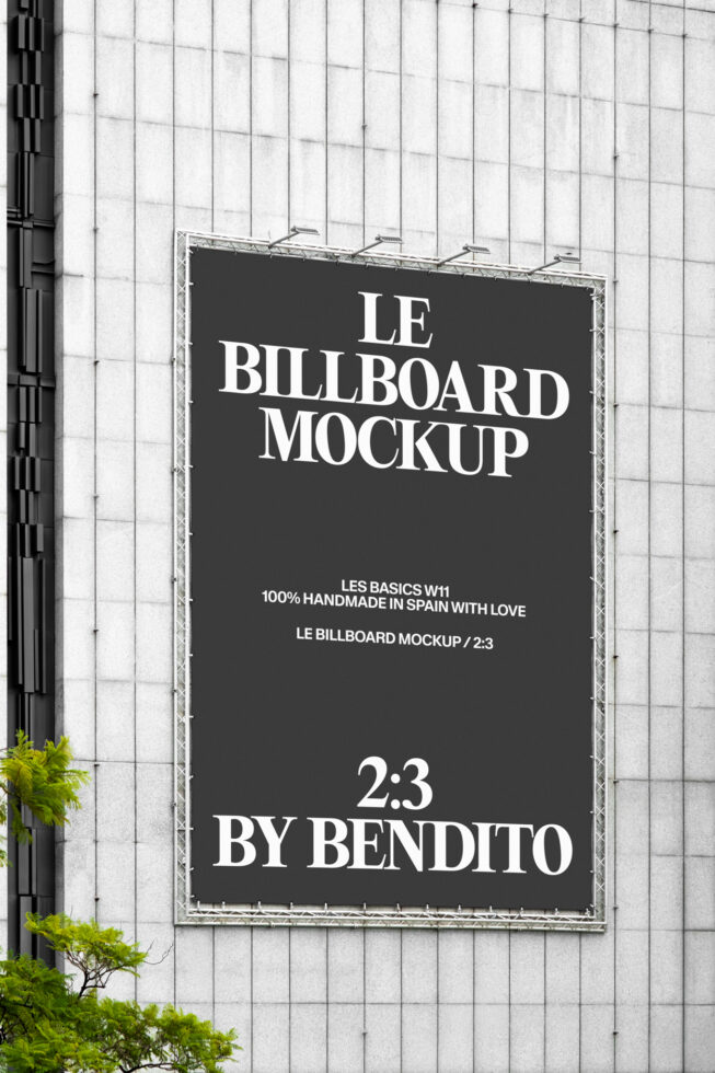 Black billboard with white serif text reading Le Billboard Mockup against white tiled wall