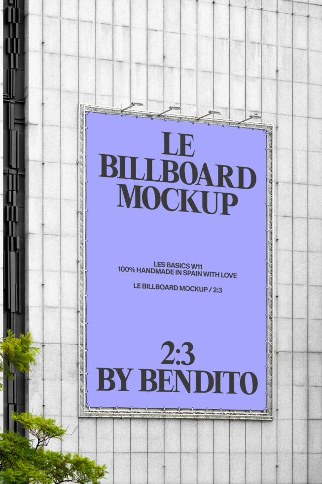 Periwinkle blue billboard with dark text reading Le Billboard Mockup on white tiled backdrop