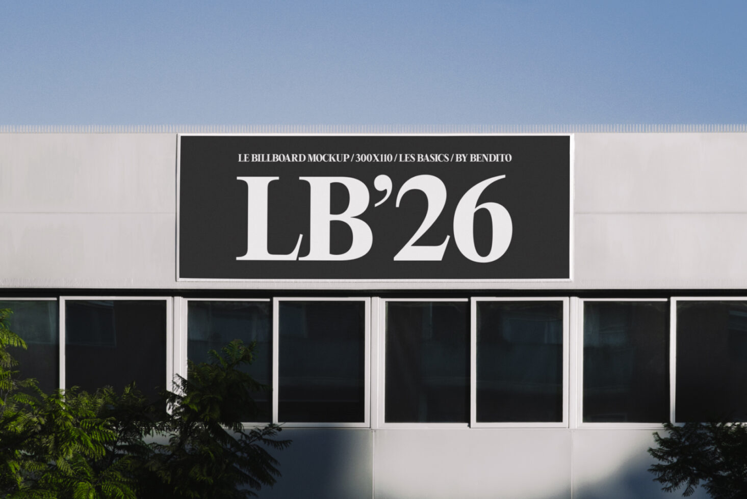 Minimalist storefront sign mockup, white letters on dark rectangular banner