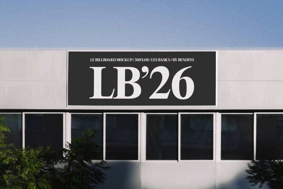 Minimalist storefront sign mockup, white letters on dark rectangular banner