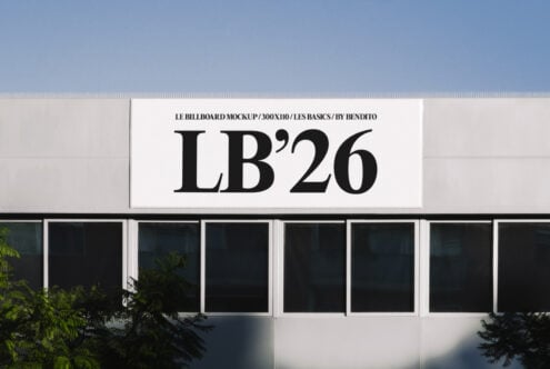 Clean retail signage mockup, large serif type centered on light horizontal panel