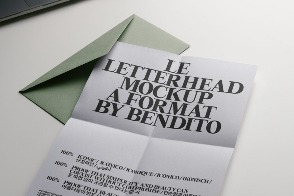 Letterhead mockup with sage green envelope showing text layout detail