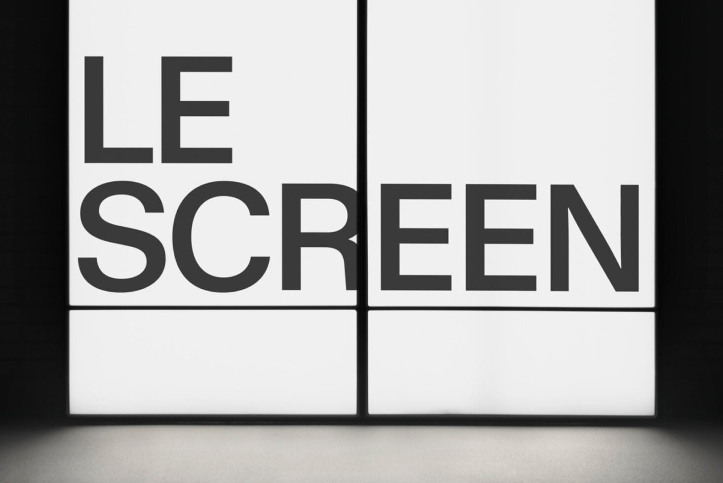 Split screen mockup close up showing white panels with bold text