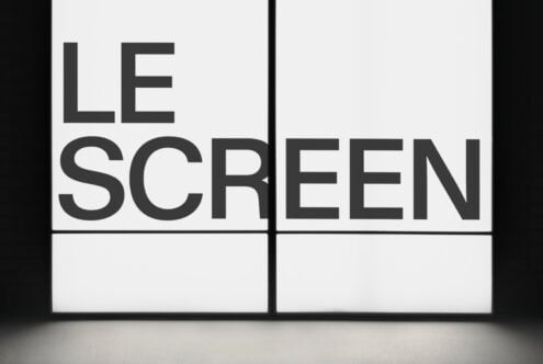 Split screen mockup close up showing white panels with bold text