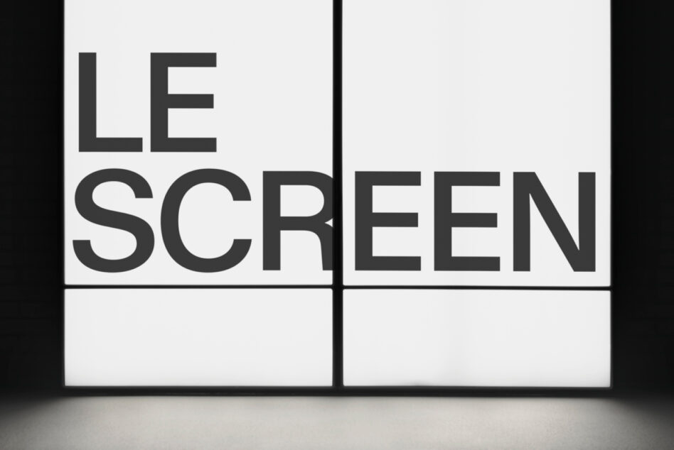 Split screen mockup close up showing white panels with bold text