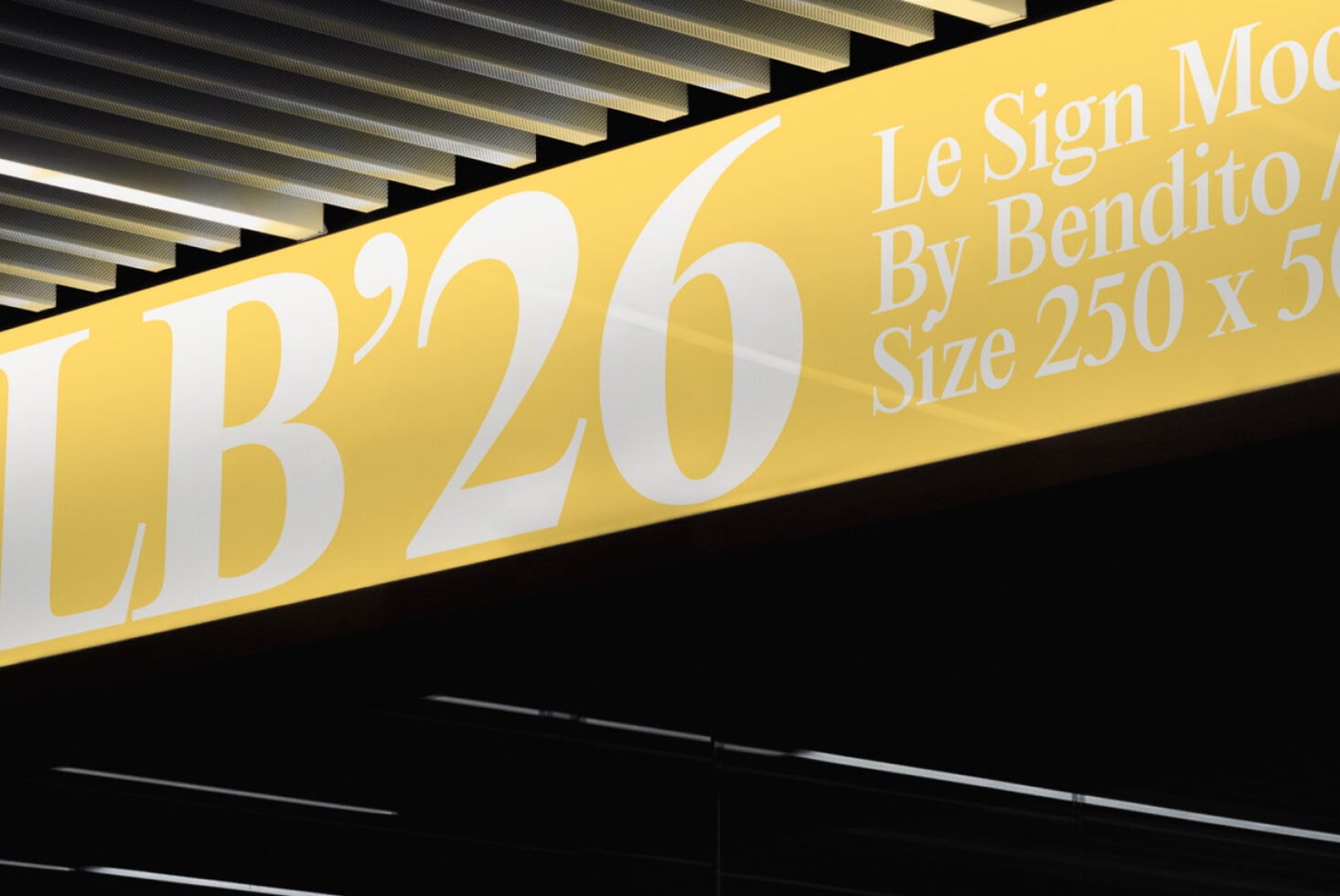 LB'20 sign on bright yellow banner, modern 3D ceiling effect mockup