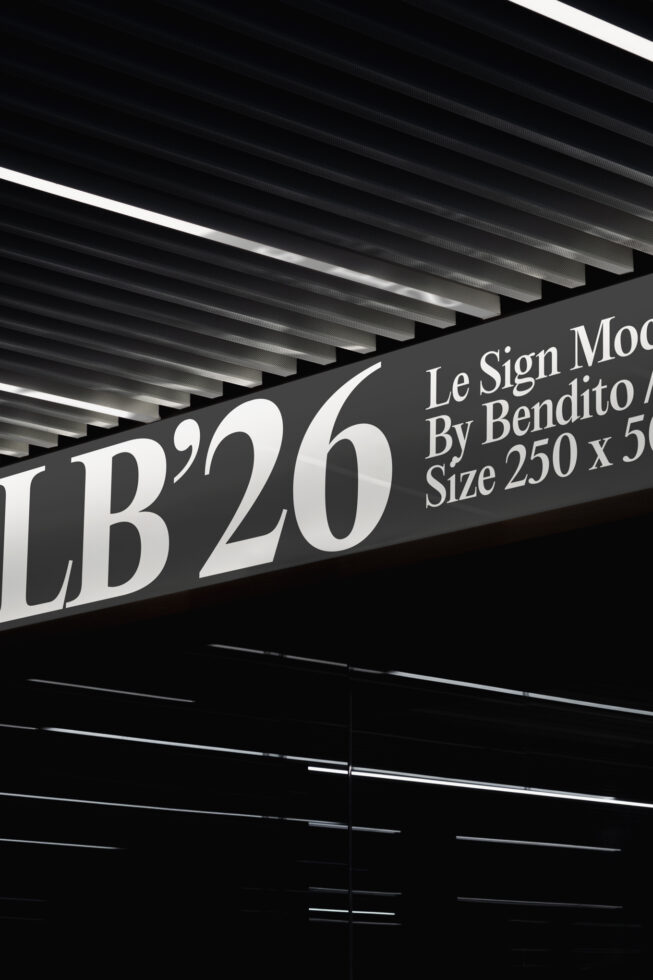 LB'20 sign mockup on charcoal banner with ceiling slats, serif typeface