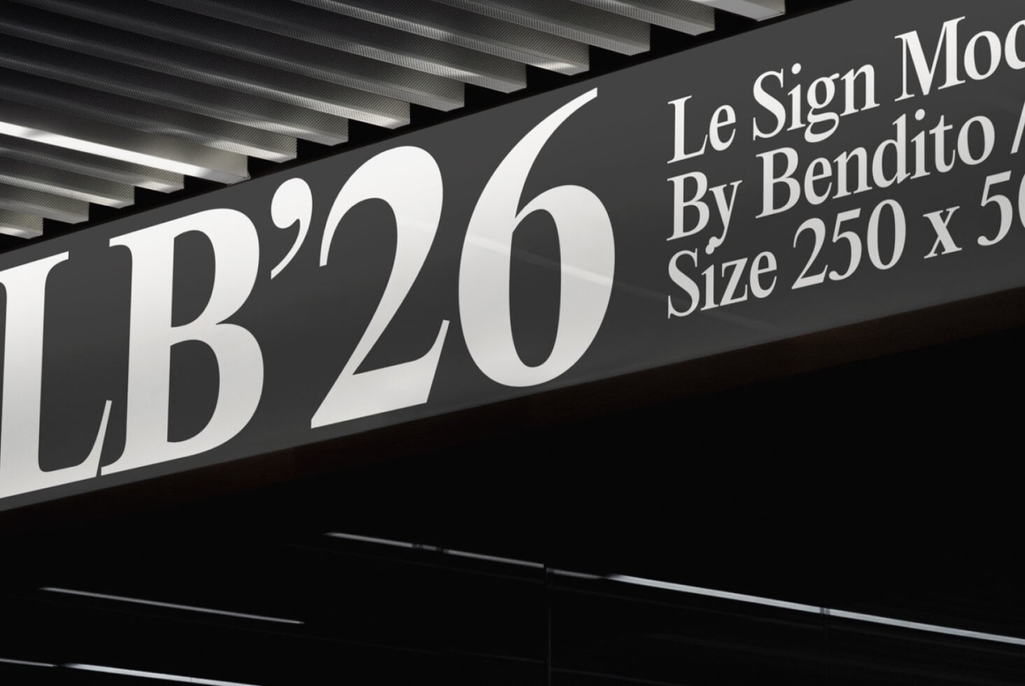 LB'20 sign on gray banner with architectural ceiling, elegant serif font
