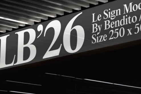 LB'20 sign on gray banner with architectural ceiling, elegant serif font