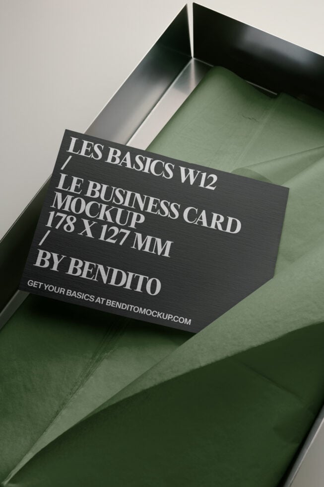 Black business card mockup in open green box on white background