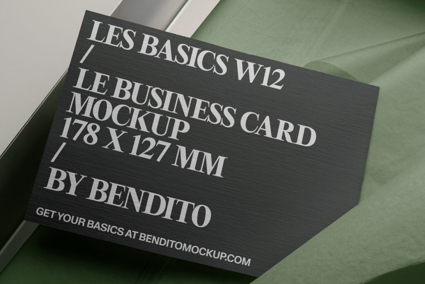 Black business card mockup displayed in angled open box setup