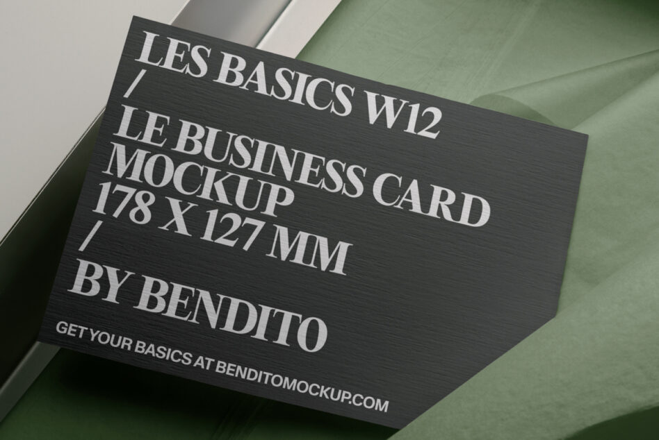 Black business card mockup displayed in angled open box setup