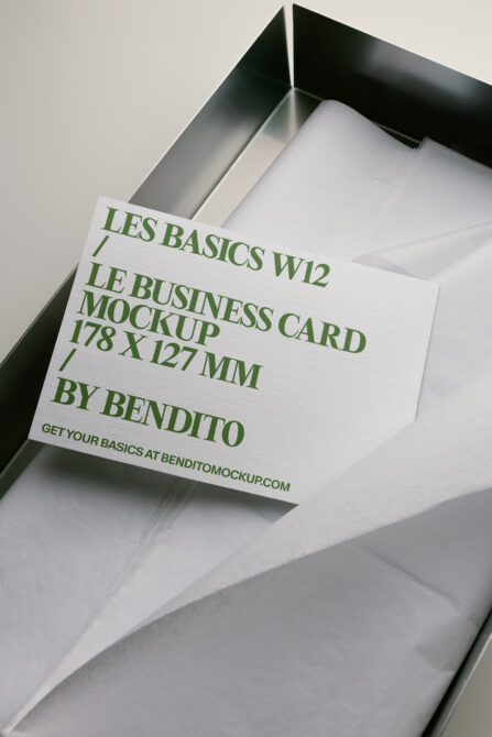 White business card mockup in open black box with green tissue paper