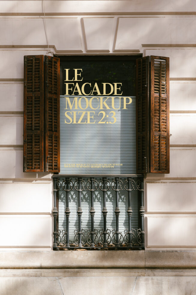 Facade mockup on Parisian building window with wooden shutters, ornate railings