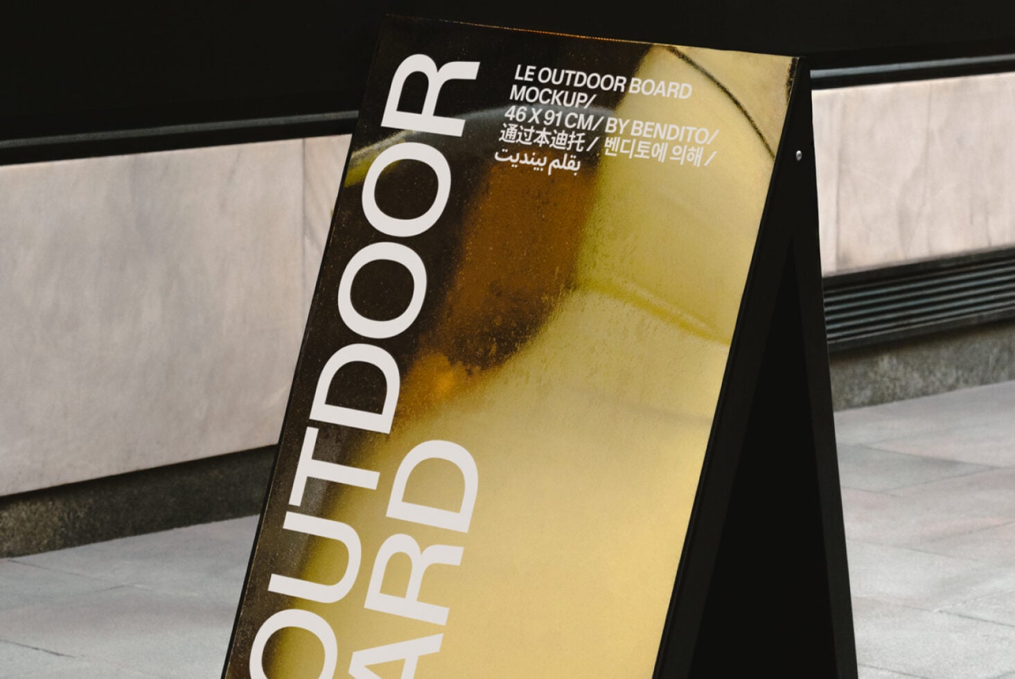 Outdoor board mockup displaying white text on yellow background with worn edges